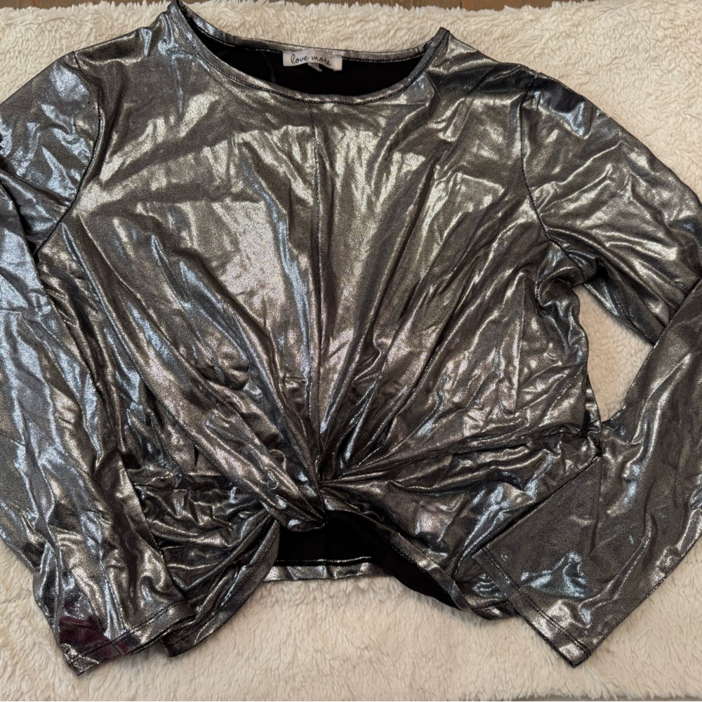 Love More Metallic Silver twist front Festival crop top Y2K sz large Rave Indie